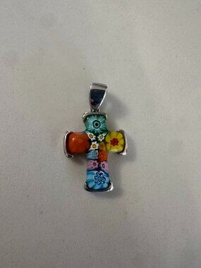 Millefiori Murano Cross Pendant by Alan K 9.25 Silver